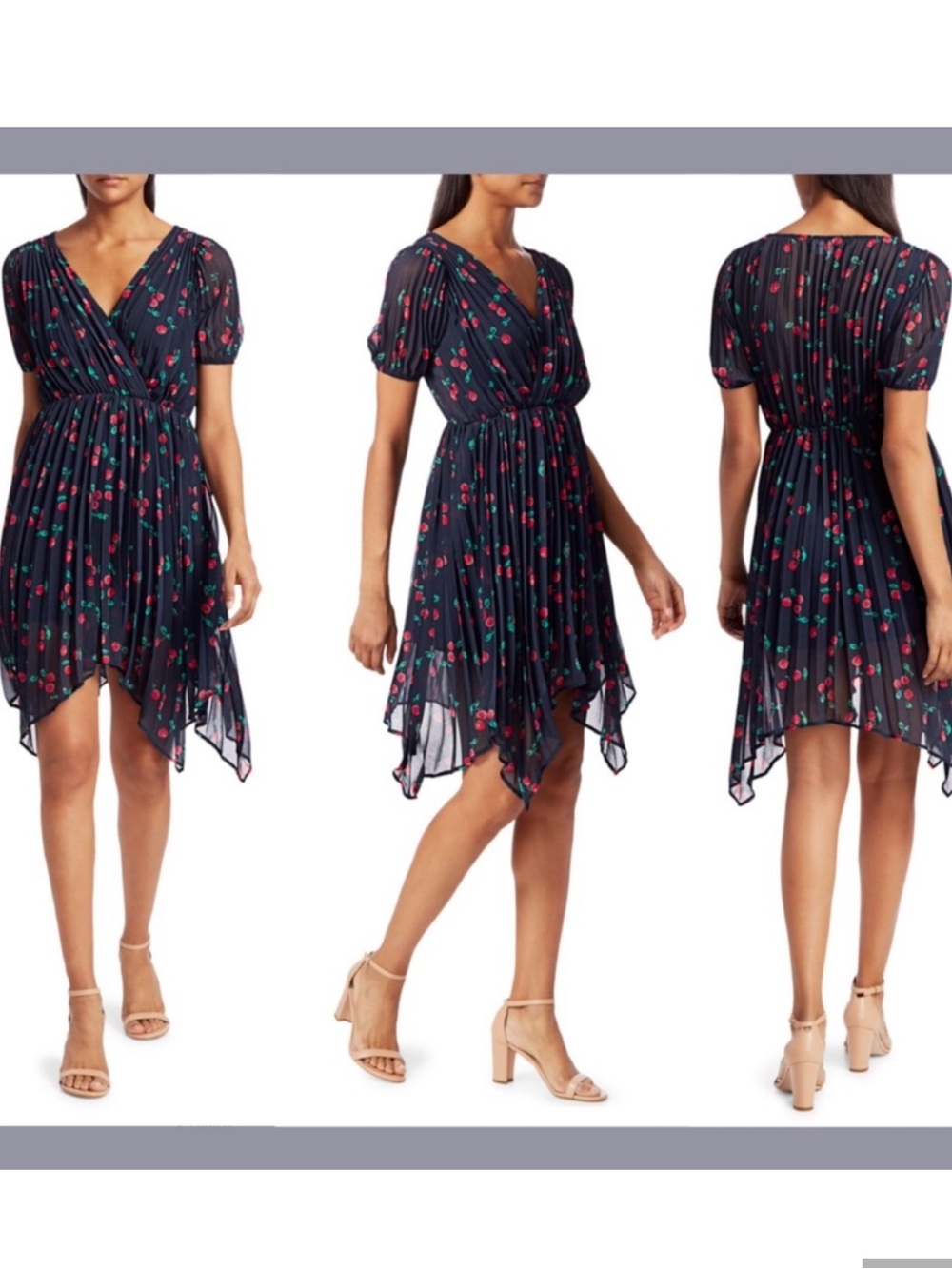 $398 The Kooples V-Neck Cherry Print Pleated dress NWT XS
